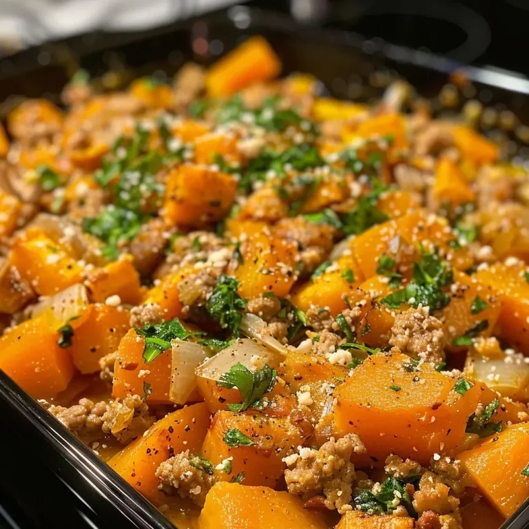 ['Plato de calabaza asada con pavo molido y espinacas.', 'Close-up de calabaza asada acompañada de carne de pavo.', 'Tazón con calabaza asada, pavo molido y queso derretido.', 'Porción de calabaza y pavo con especias y verduras.']