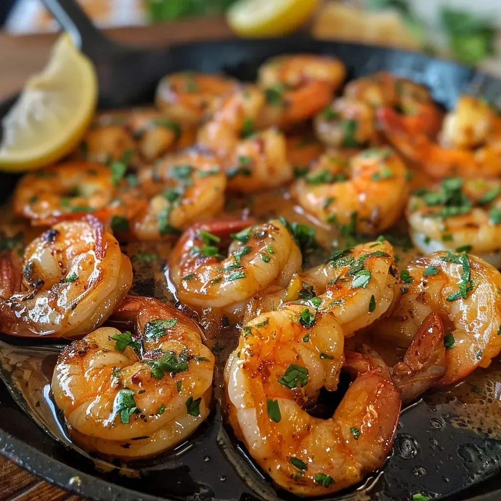 Camarones en mantequilla de ajo con crema y pimientos rojos.