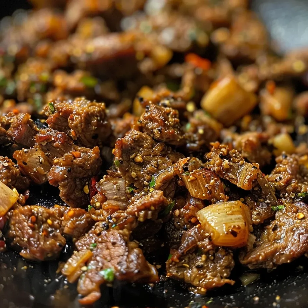 ['Carne molida perfectamente dorada en freidora de aire.', 'Vista lateral de carne molida cocinada al aire.', 'Jugosa carne molida sazonada, cocinada en freidora de aire.', 'Detalle de carne molida al aire con especias visibles.']