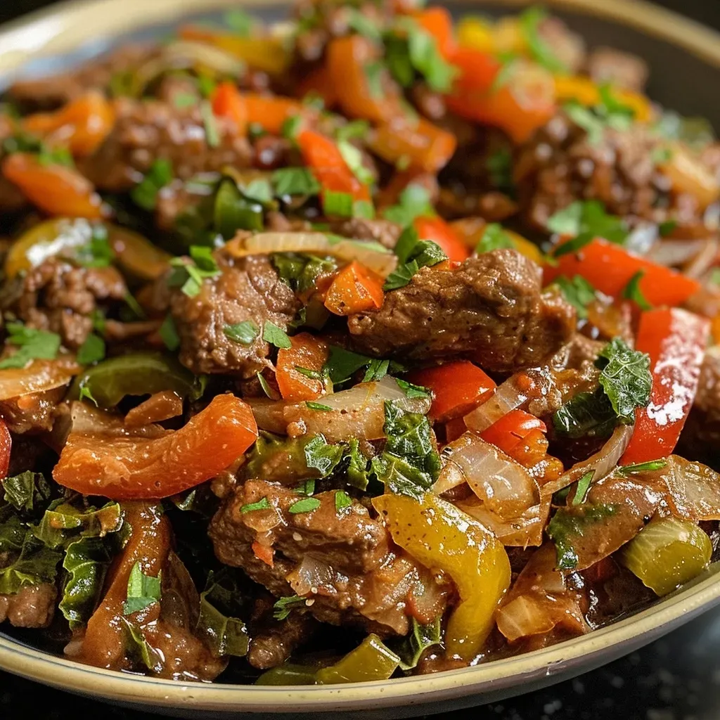 Carne molida y col rizada salteada en un plato.