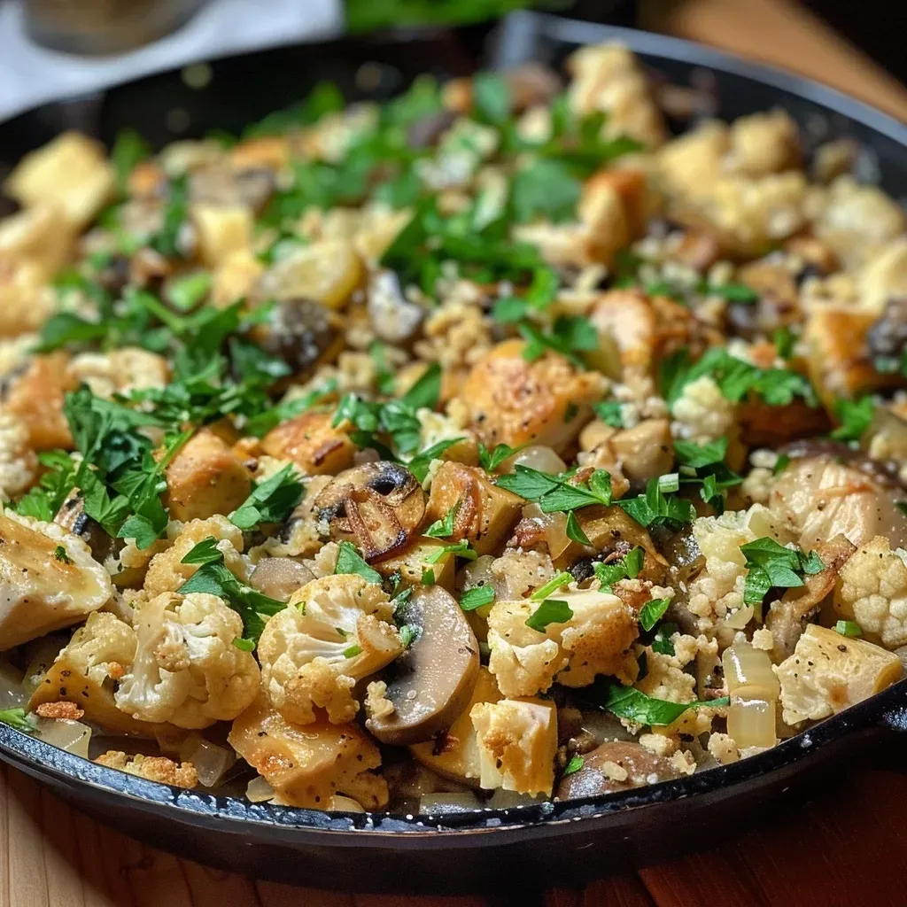 Cazuela de pavo baja en carbohidratos con coliflor y champiñones.