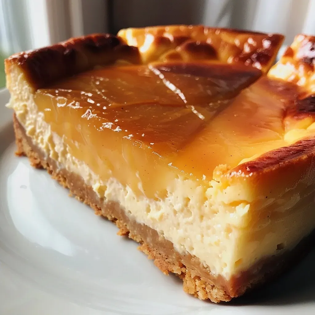 Cheesecake con caramelo de arce y piña en primer plano.