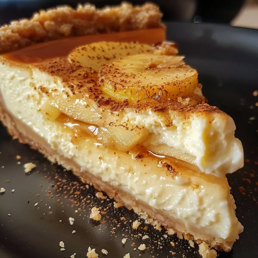 Cheesecake de manzana con corte visible y textura cremosa.