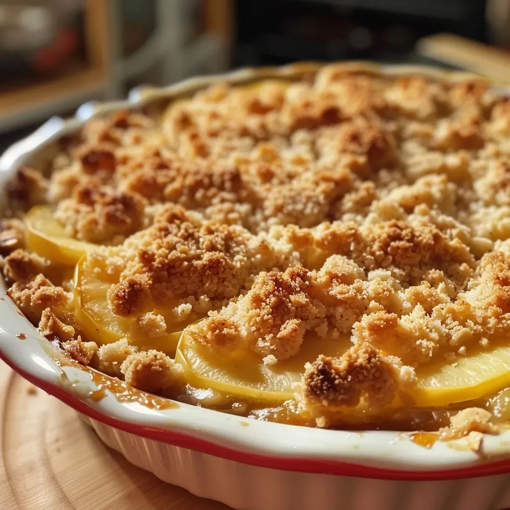 Crumble de duraznos servido en un plato, con trozos de almendras.