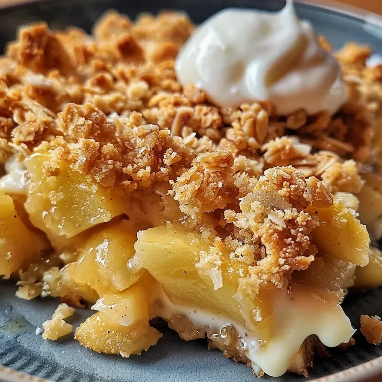 ['Crumble de manzana proteico en primer plano, mostrando su textura dorada.', 'Vista lateral de un delicioso crumble de manzana, con ingredientes visibles.', 'Close-up de crumble de manzana, con una porción apetitosa lista para degustar.', 'Detalle de un crumble de manzana proteico, mostrando su aspecto jugoso y crujiente.']