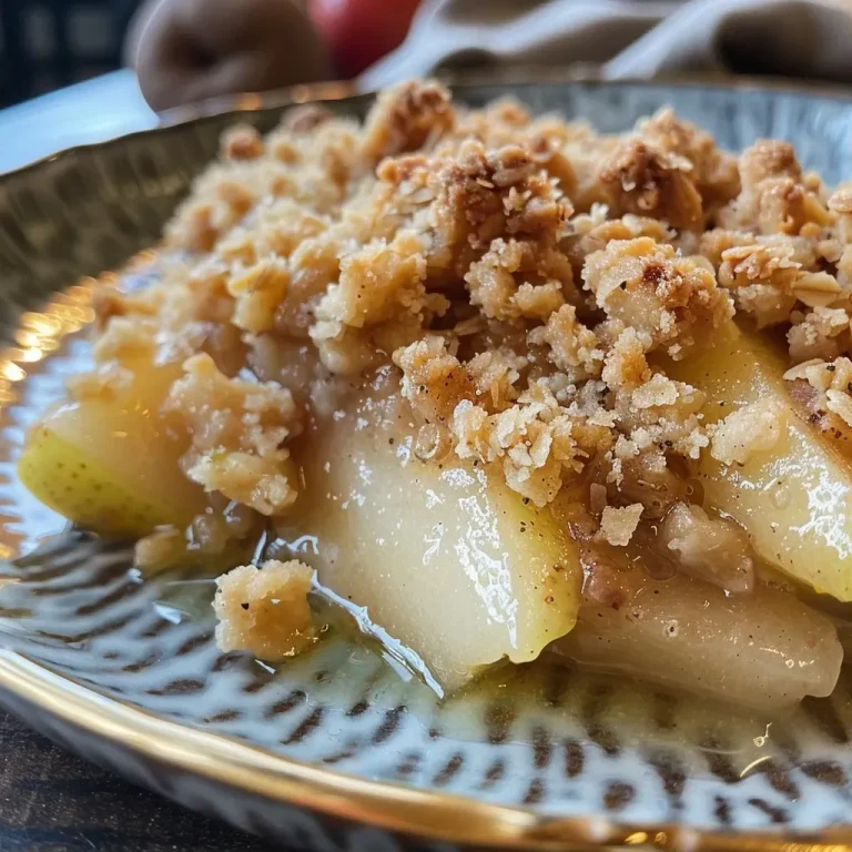 ['Crumble de pera clásico en un plato, mostrando su textura dorada.', 'Vista lateral de un crumble de pera cocinado, con frutas visibles.', 'Primer plano de un crumble de pera, resaltando su cobertura crujiente.', 'Porción de crumble de pera presentada en un plato, con peras asomando.']