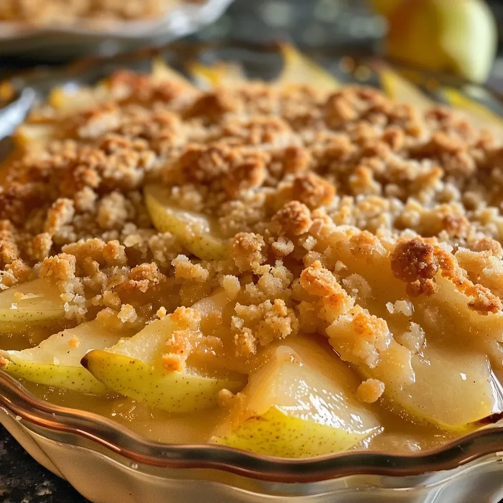 Crumble de pera clásico en un plato, mostrando su textura dorada.