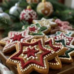 ['Delantal navideño decorado con galletas de jengibre.', 'Primer plano de un delantal de Navidad con diseño de galleta de jengibre.', 'Delantal beige adornado con galletas de jengibre en un fondo navideño.', 'Detalle de un delantal navideño con galletas de jengibre coloridas.']