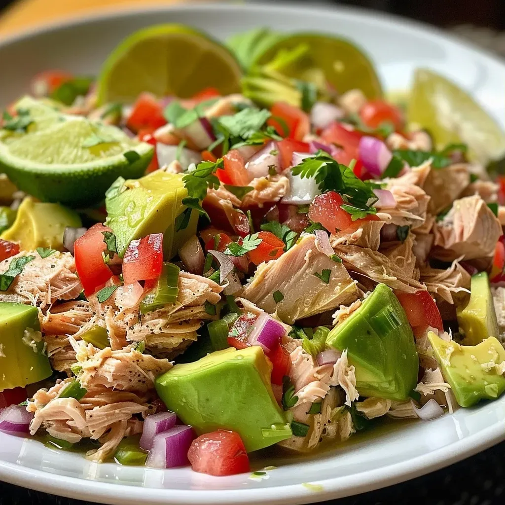 ['Ensalada de atún con aguacate, vista lateral, mostrando ingredientes frescos.', 'Close up de una ensalada saludable con atún y aguacate.', 'Imagen de ensalada de atún con aguacate, destacando su frescura y colorido.', 'Detalle de una ensalada de atún y aguacate, lista para servir.']