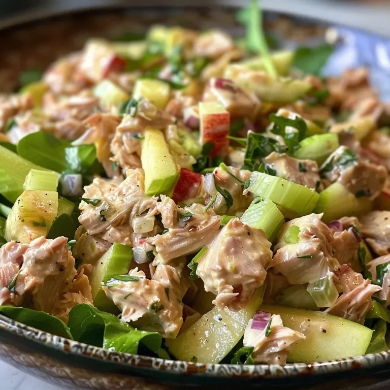 ['Ensalada de atún con manzana en un plato blanco.', 'Primer plano de una ensalada de atún con trozos de manzana.', 'Imagen de ensalada de atún con manzana, apio y mayonesa.', 'Ensalada fresca de atún y manzana presentada en un tazón.']