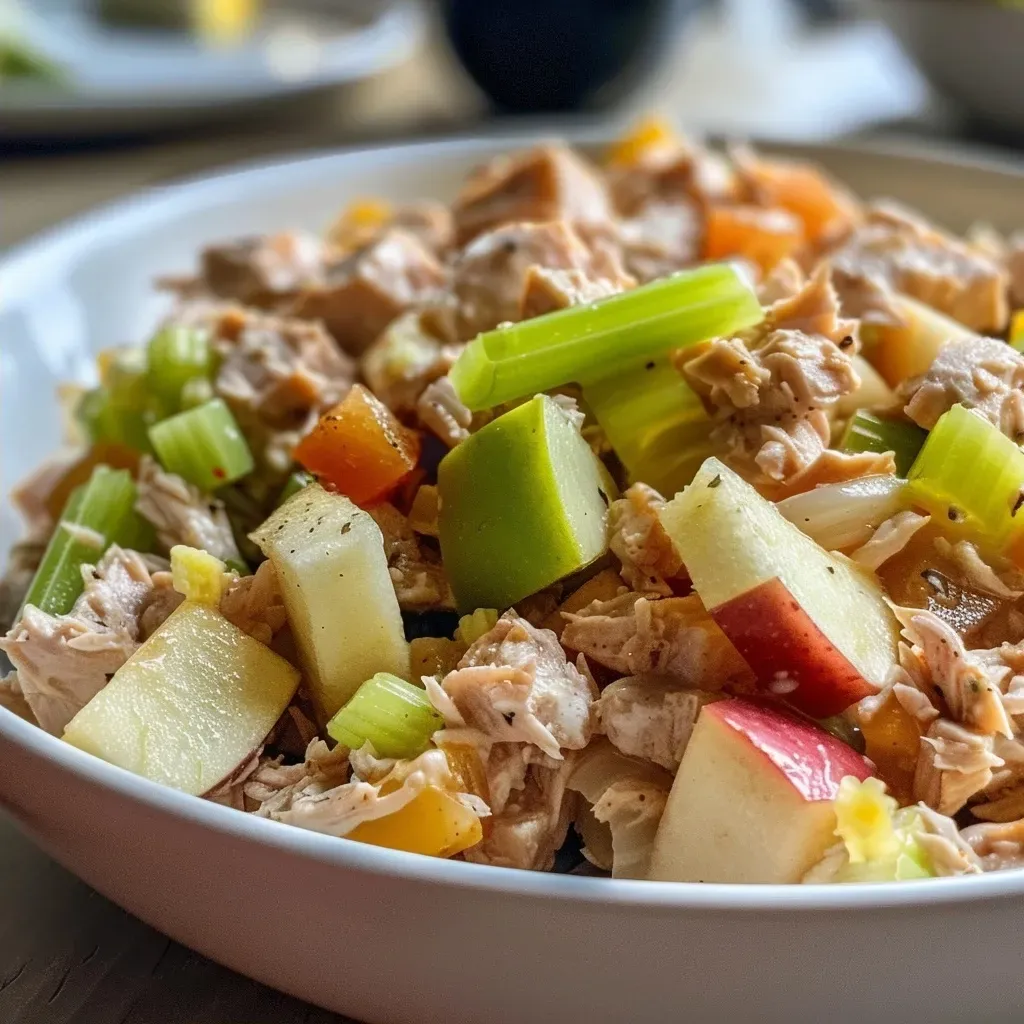 Ensalada de atún con manzana en un plato blanco.