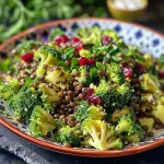 ['Ensalada de brócoli asado con lentils y ingredientes coloridos.', 'Primer plano de ensalada de brócoli alta en proteínas.', 'Ensalada fresca de brócoli con semillas y arándanos.', 'Brócoli asado mezclado con lentejas y aderezo.']