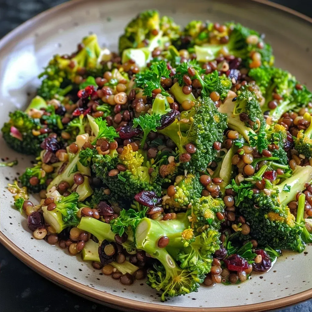 Ensalada de brócoli asado con lentils y ingredientes coloridos.