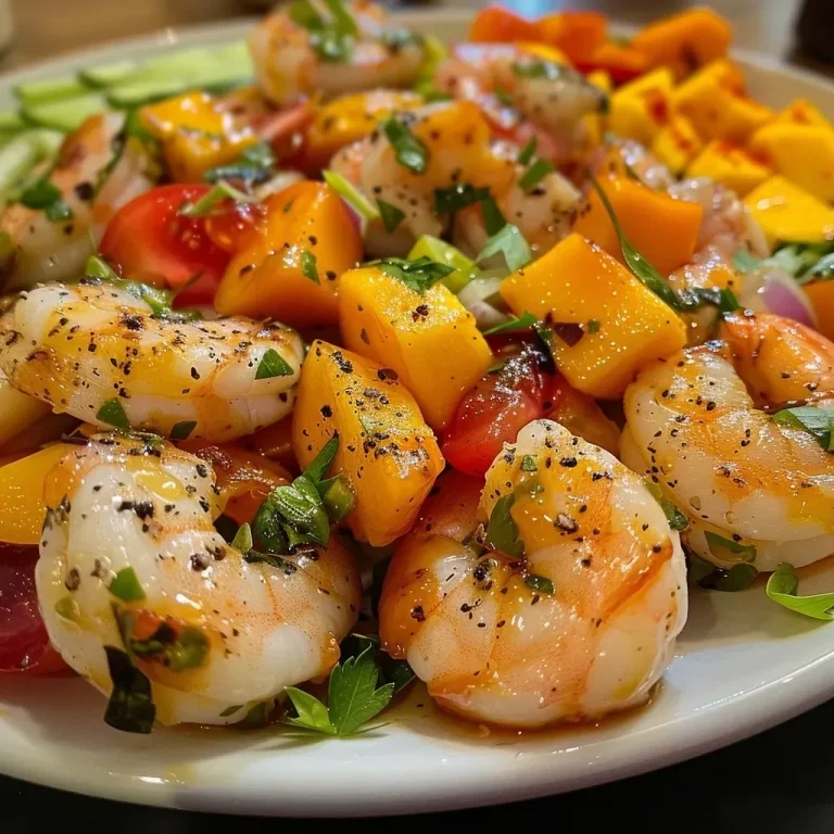 ['Ensalada de camarones con aderezo de mermelada y vegetales frescos.', 'Primer plano de un plato colorido de ensalada de camarones con mermelada.', 'Ensalada fresca con camarones, mermelada y una variedad de vegetales.', 'Ensalada de camarones servida con aderezo de mermelada de membrillo.']