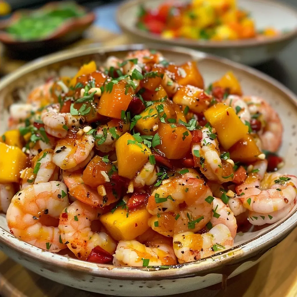 Ensalada de camarones con aderezo de mermelada y vegetales frescos.