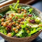 ['Ensalada de garbanzos y nueces presentada en un plato, mostrando ingredientes frescos.', 'Vista lateral de una ensalada colorida de garbanzos y nueces en un plato.', 'Primer plano de una ensalada deliciosa con garbanzos, nueces y manzanas.', 'Ensalada de garbanzos y nueces con elementos decorativos y frescos.']