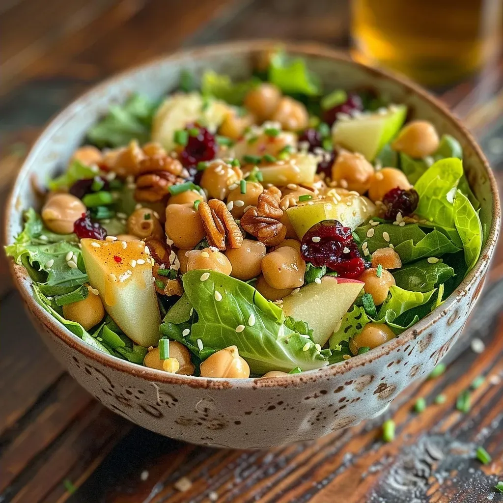 Ensalada de garbanzos y nueces presentada en un plato, mostrando ingredientes frescos.