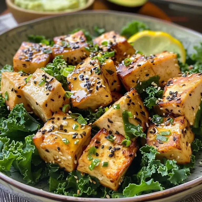 ['Ensalada de kale con tofu al horno de aire presentada en un plato.', 'Primer plano de una ensalada saludable de kale con tofu dorado.', 'Ensalada colorida de kale y tofu, con aguacate y yogur.', 'Tofu crujiente sobre una base de kale en un plato.']
