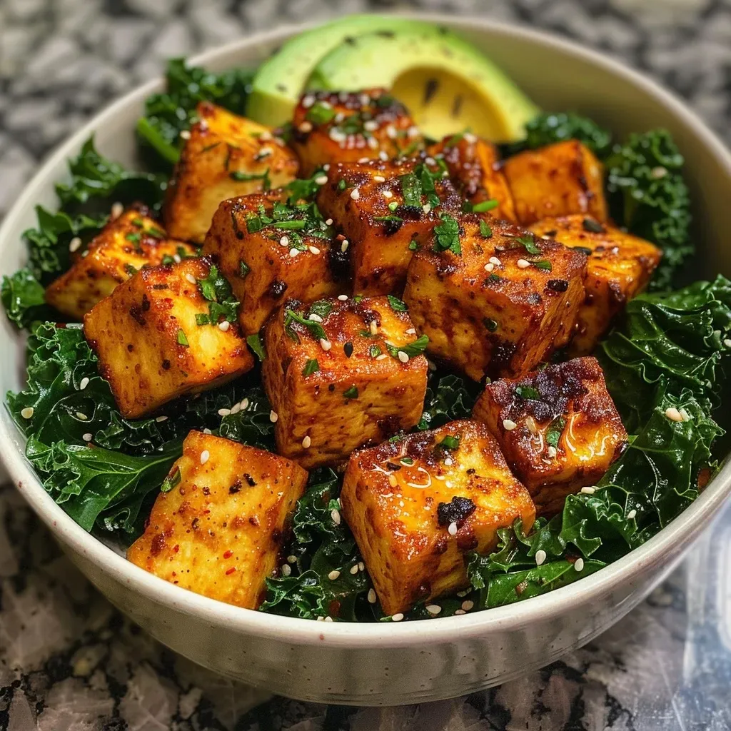 ['Ensalada de kale con tofu al horno de aire presentada en un plato.', 'Primer plano de una ensalada saludable de kale con tofu dorado.', 'Ensalada colorida de kale y tofu, con aguacate y yogur.', 'Tofu crujiente sobre una base de kale en un plato.']