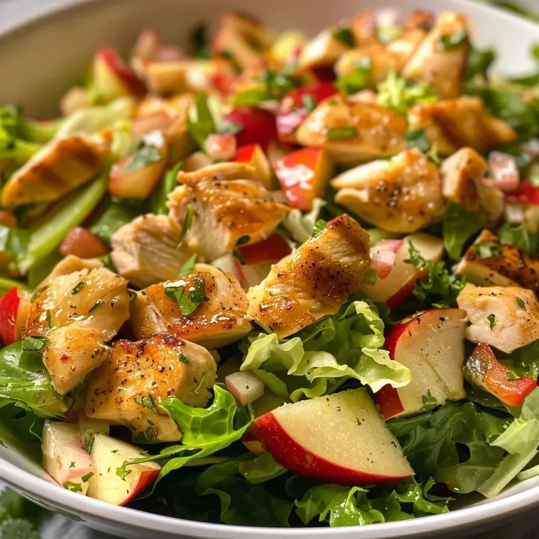 ['Ensalada de pollo con manzana presentada en un plato colorido.', 'Vista lateral de una ensalada de pollo con trozos de manzana y lechuga.', 'Primer plano de ensalada fresca con pollo, manzana y nueces.', 'Ensalada de pollo con manzana y apio, decorada con nueces.']