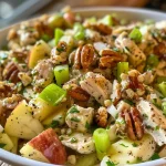 ['Ensalada de pollo fácil, vista lateral con ingredientes frescos.', 'Primer plano de una ensalada de pollo jugosa y colorida.', 'Ensalada de pollo con manzanas y nueces, presentada en un plato.', 'Imagen de ensalada de pollo con aderezos y vegetales frescos.']