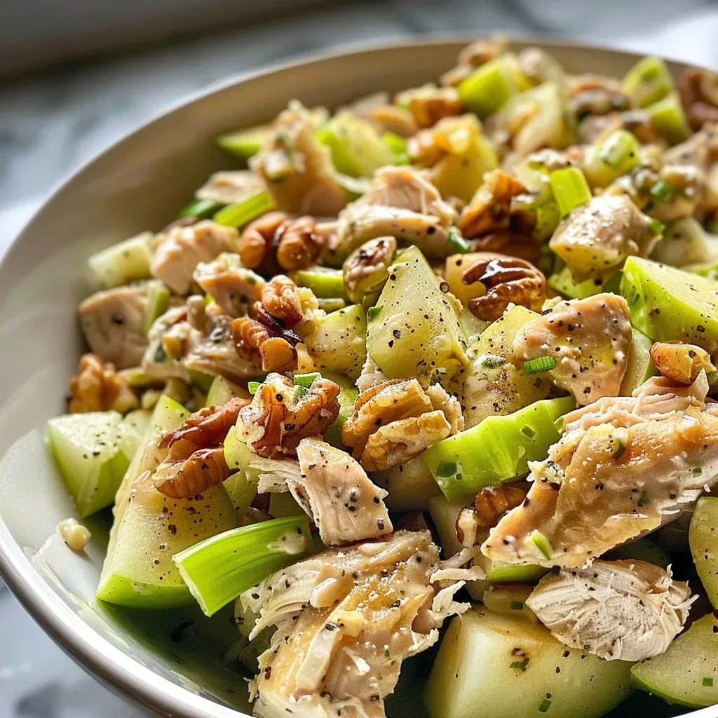 Ensalada de pollo fácil, vista lateral con ingredientes frescos.