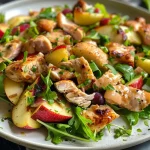 ['Ensalada de pollo y manzana con nueces y vinagreta de miel.', 'Primer plano de una ensalada de pollo y manzana fresca.', 'Ensalada colorida de pollo, manzana y uvas pasas.', 'Tazón de ensalada de pollo con ingredientes frescos.']