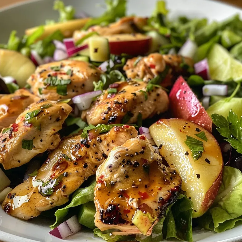 Ensalada de pollo y manzana con nueces y vinagreta de miel.