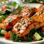 ['Ensalada de salmón con quinoa y kale, presentada en un plato.', 'Primer plano de ensalada fresca de salmón, quinoa y vegetales.', 'Ensalada de salmón y quinoa decorada con kale y pimientos.', 'Ensalada colorida de salmón, quinoa y verduras frescas en un tazón.']