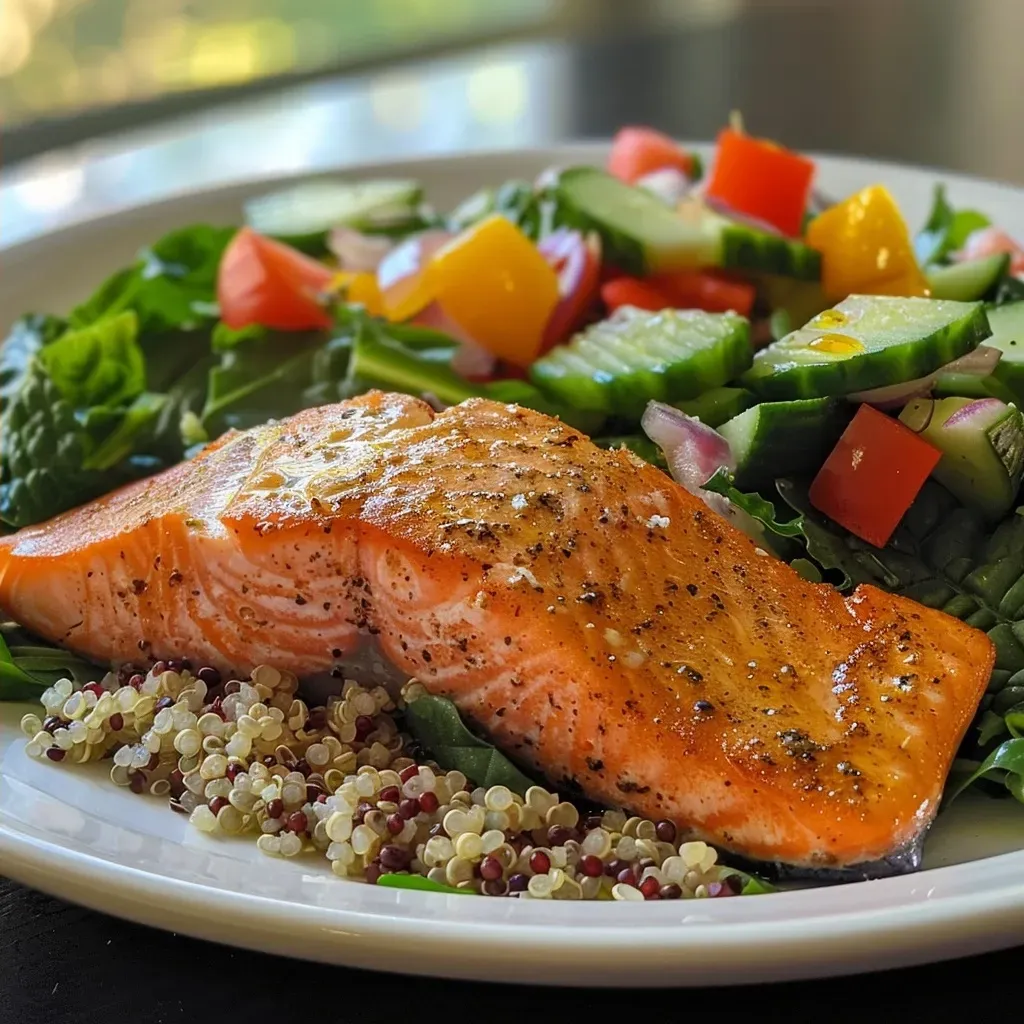 ['Ensalada de salmón con quinoa y kale, presentada en un plato.', 'Primer plano de ensalada fresca de salmón, quinoa y vegetales.', 'Ensalada de salmón y quinoa decorada con kale y pimientos.', 'Ensalada colorida de salmón, quinoa y verduras frescas en un tazón.']