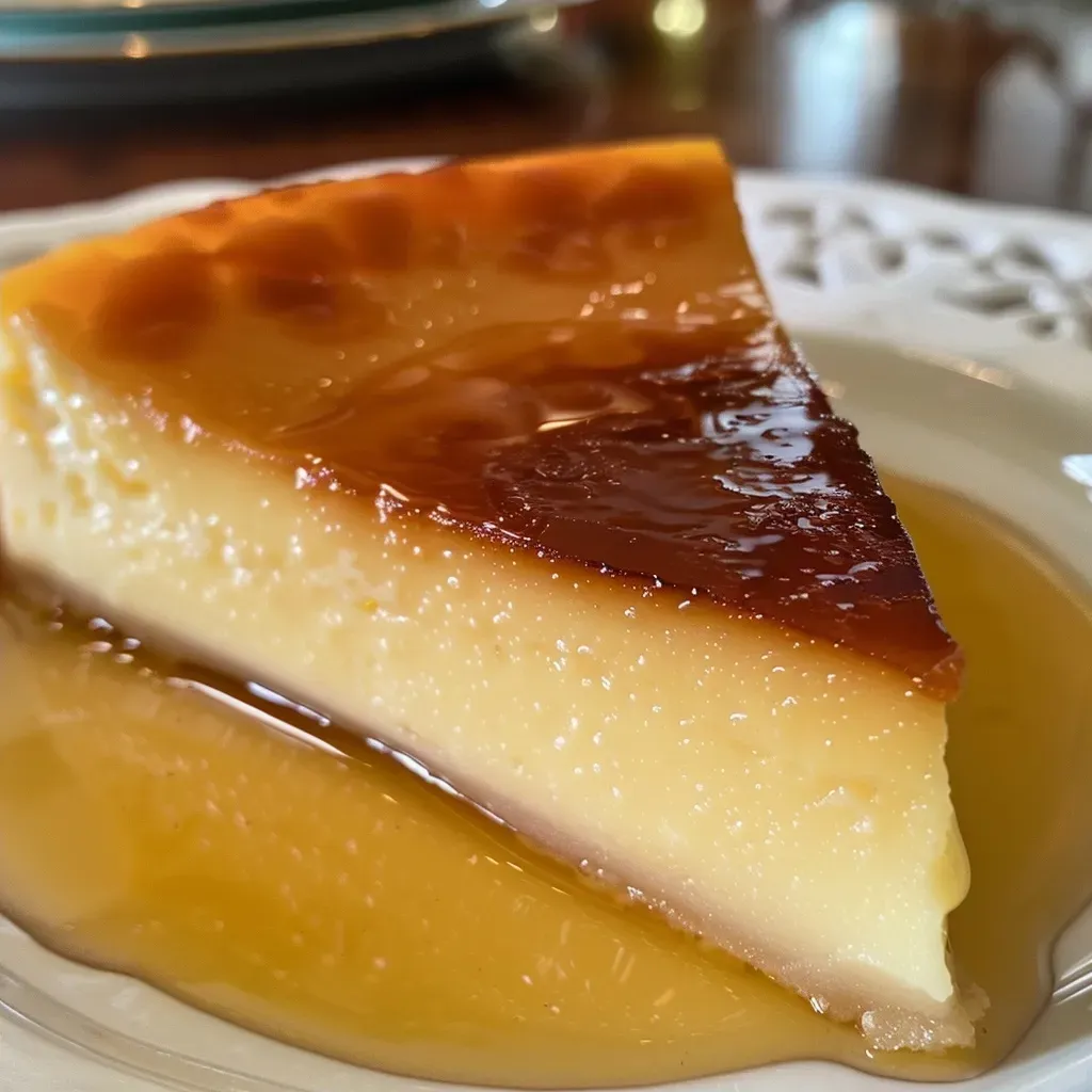 Flan de arce reducido en azúcar en primer plano.