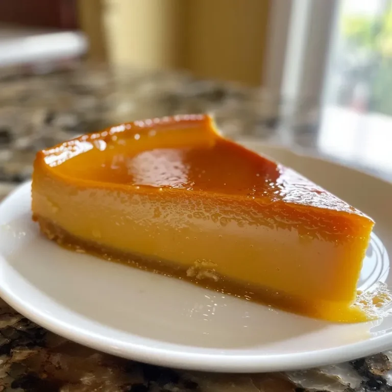 ['Flan de calabaza dorado en un plato, vista lateral.', 'Close up de un flan de calabaza cremoso y brillante.', 'Flan de calabaza servido en un plato, mostrando su textura suave.', 'Vista lateral de un flan de calabaza, con caramelo en la base.']