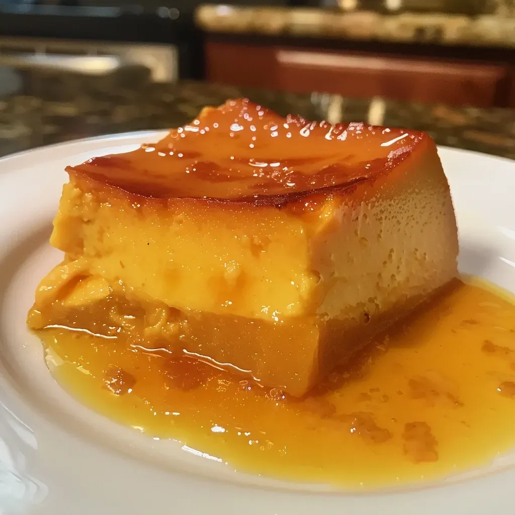 Flan de calabaza dorado en un plato, vista lateral.