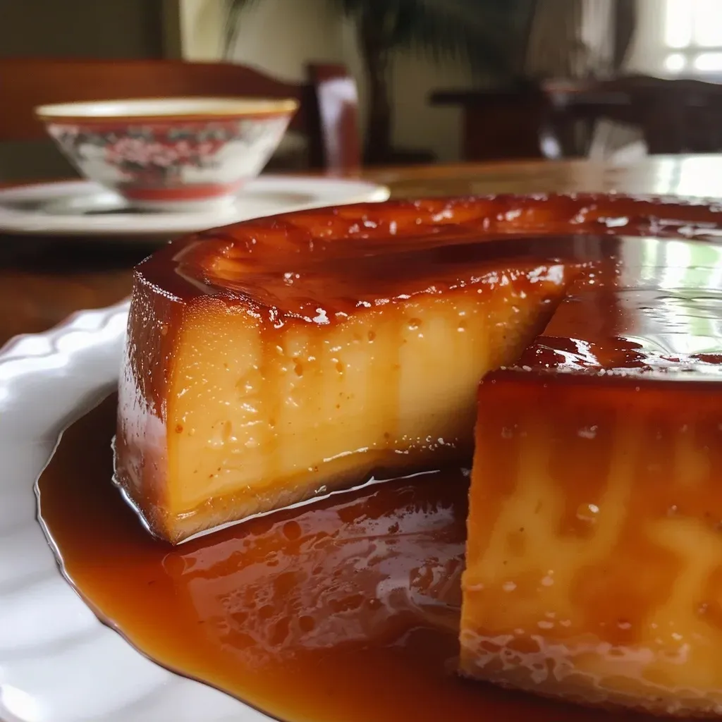 ['Flan de dulce de membrillo presentado en un plato.', 'Vista lateral de un flan de dulce de membrillo.', 'Flan de dulce de membrillo con caramelo líquido en la parte superior.', 'Detalle de un flan cremoso de dulce de membrillo.']