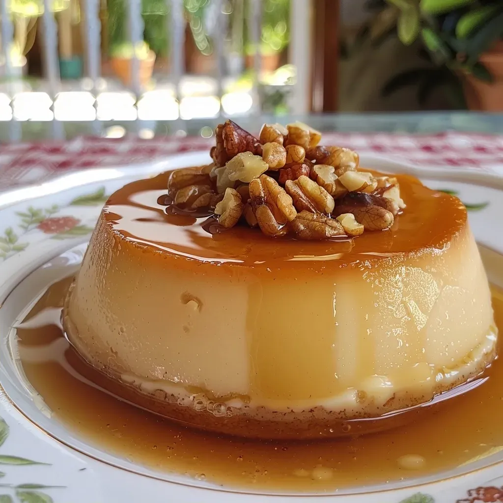 ['Vista lateral de un flan de nuez con caramelo.', 'Flan de nuez en un plato, decorado con nueces.', 'Close-up de flan de nuez, mostrando su textura cremosa.', 'Flan de nuez con caramelo, listo para servir.']