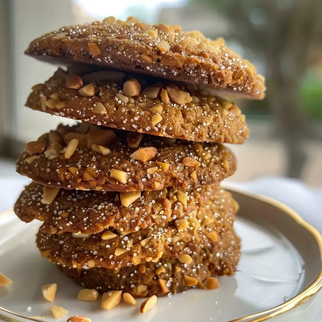 ['Galletas de nuez crujientes en primer plano.', 'Detalle de galletas de nuez tostadas con textura dorada.', 'Galletas de nuez con un acabado brillante y apetitoso.', 'Vista lateral de galletas de nuez crujientes.']