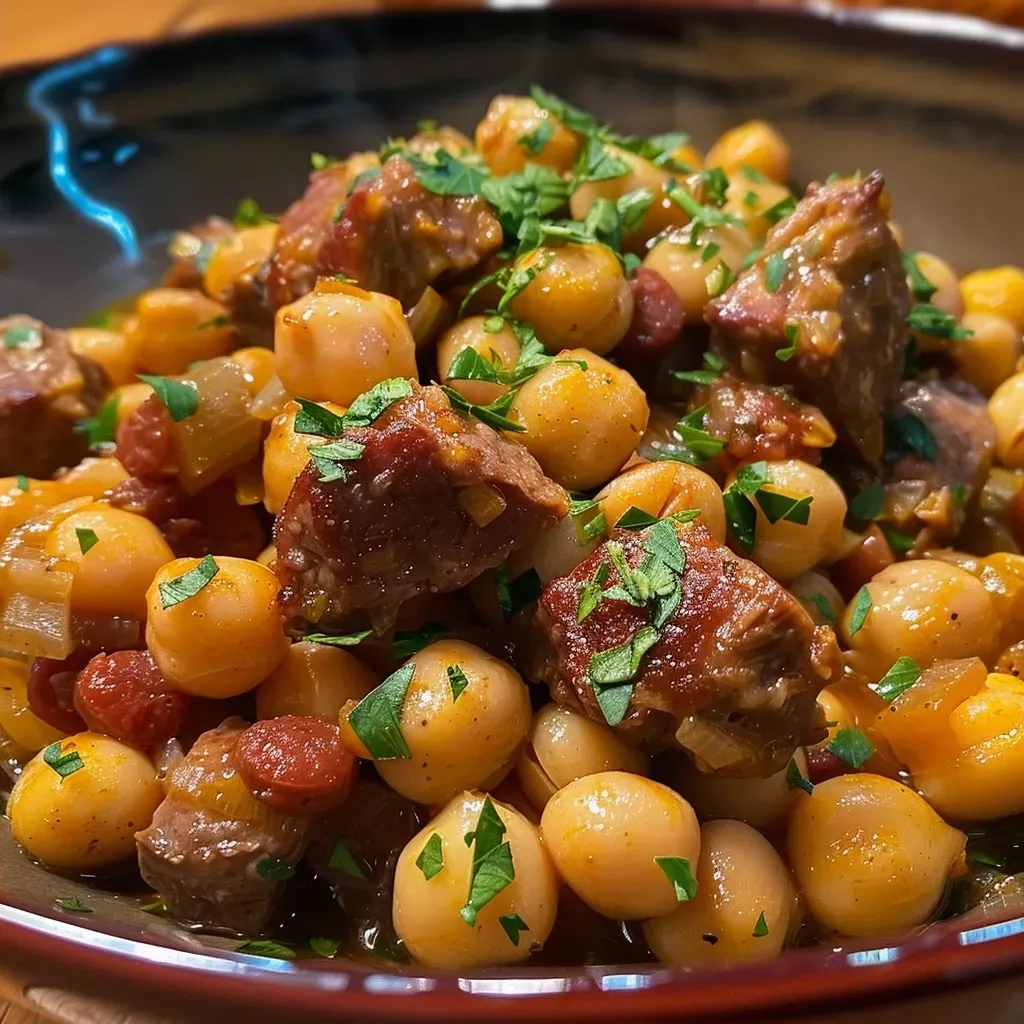 Tazón de garbanzos con carne y chorizo, caliente y humeante.