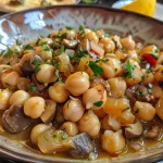 ['Garbanzos con setas en un plato colorido.', 'Primer plano de garbanzos con setas salteadas.', 'Tazón de garbanzos con setas y verduras.', 'Mezcla de garbanzos y setas en presentación apetitosa.']