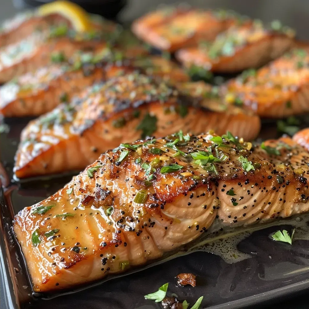 Salmon glaseado con azúcar moreno y mostaza Dijon en un plato.