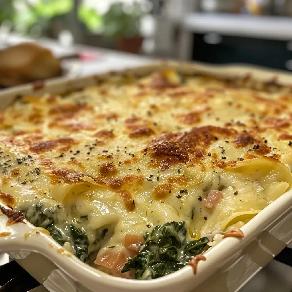 Gratinado de espinacas y pavo en un plato.