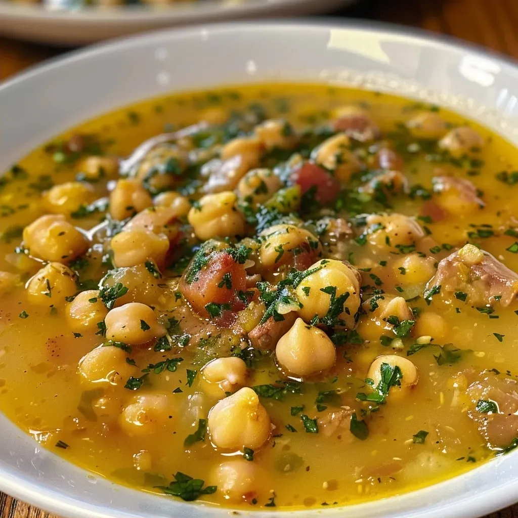 Guiso Dorado con Garbanzos servido en un plato hondo.