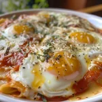 ['Huevos napolitanos servidos en un plato, con ingredientes frescos visibles.', 'Primer plano de huevos al estilo napolitano con tomate y queso.', 'Huevos napolitanos cocinados, mostrando sus colores vibrantes y textura.', 'Tazón de huevos napolitanos, resaltando el queso y la cebolla.']