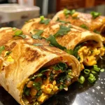['Rollo de tortilla Jian Bing con ingredientes frescos y dorados.', 'Close-up de un rollo de tortilla Jian Bing, mostrando su jugoso interior.', 'Vista lateral de un Jian Bing Tortilla Roll Up listo para disfrutar.', 'Tortilla Jian Bing con huevos y cilantro, bien presentada.']