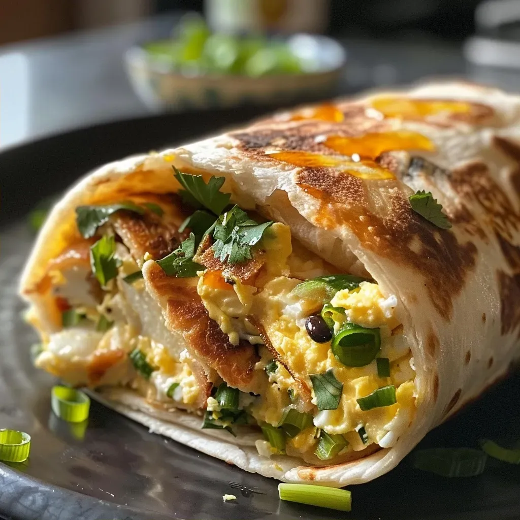 Rollo de tortilla Jian Bing con ingredientes frescos y dorados.