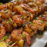 ['Kabobs de camarones jugosos con piña y cebollín.', 'Close up de brochetas de camarones y frutas.', 'Vista lateral de deliciosos kabobs de camarones.', 'Brochetas de camarones con salsa barbacoa.']