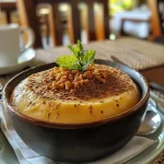 ['Mousse de calabaza en un recipiente, con decoración de hojas de menta.', 'Primer plano de mousse de calabaza, mostrando su textura cremosa.', 'Mousse de calabaza servido en un plato, con un fondo desenfocado.', 'Mousse de calabaza decorado, resaltando su color vibrante.']