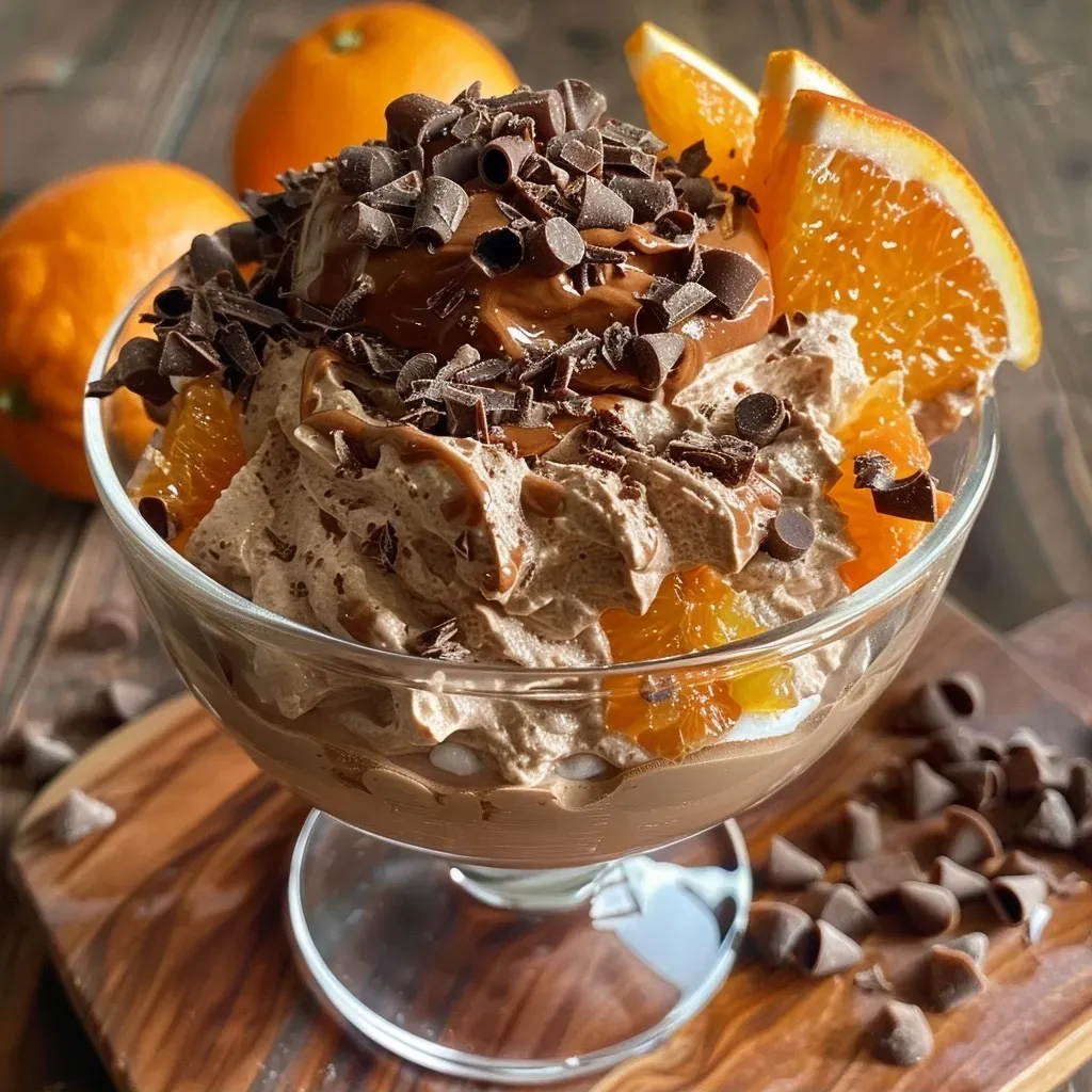['Mousse de chocolate con naranja y nuez moscada en un plato.', 'Primer plano de mousse de chocolate decorado con naranja.', 'Mousse de chocolate a la naranja con espolvoreado de nuez moscada.', 'Deliciosa mousse de chocolate en presentación elegante.']