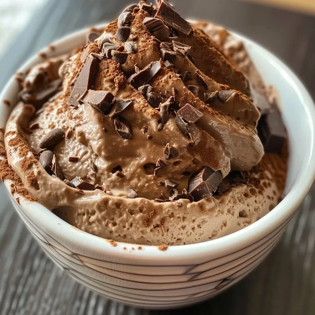 ['Mousse de chocolate alto en proteínas en un plato.', 'Primer plano de mousse de chocolate con textura cremosa.', 'Mousse de chocolate decorado y servido en un tazón.', 'Mousse de chocolate listo para disfrutar, visto desde un lado.']