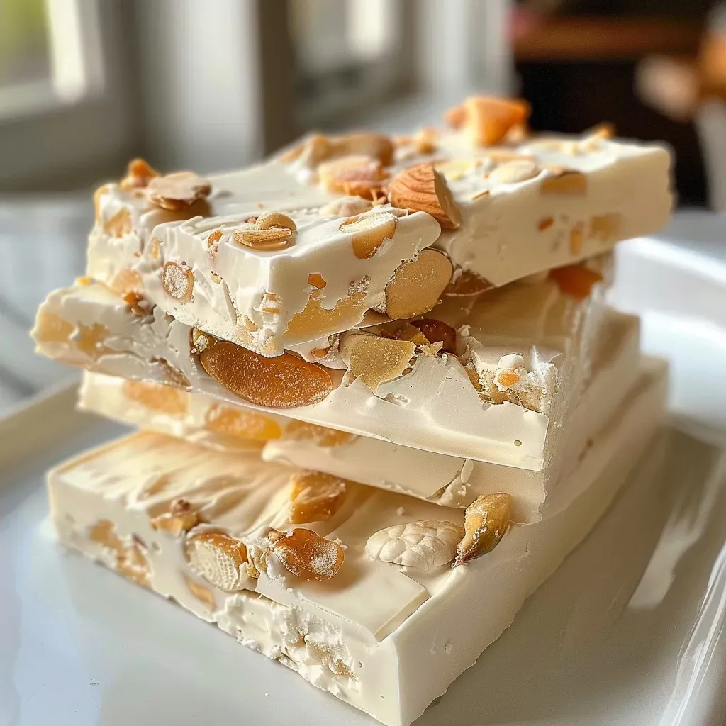['Nougat glacé servido en un plato, con frutas secas y confitadas.', 'Vista lateral de un nougat glacé decorado con frutos secos.', 'Primer plano de un delicioso nougat glacé con colores vibrantes.', 'Postre nougat glacé exhibido, mostrando su textura cremosa.']