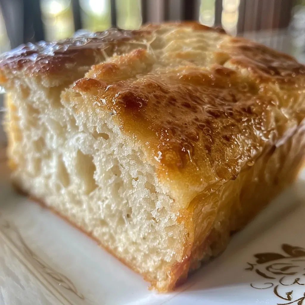 Pan de batata dorado y jugoso, presentado de lado.